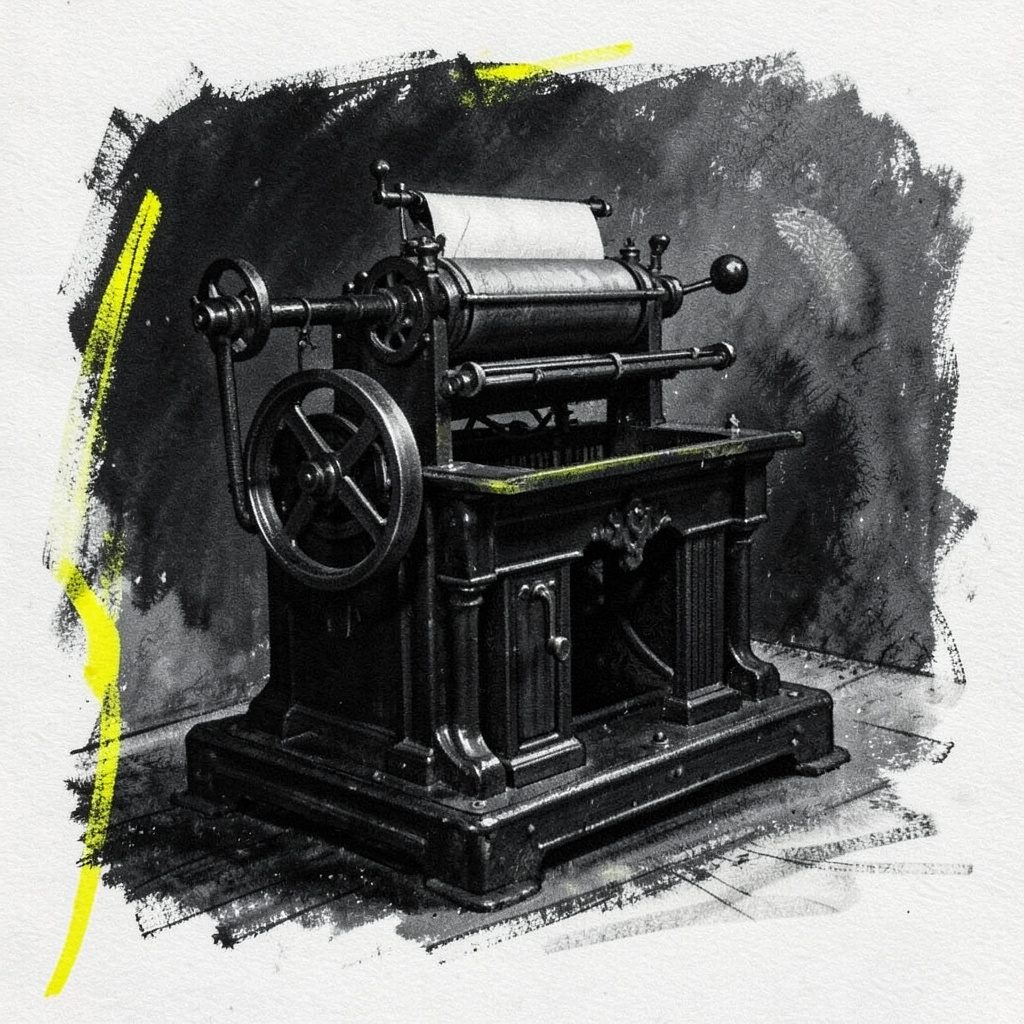 Charcoal illustration of a vintage printing press, atmospheric and dim
