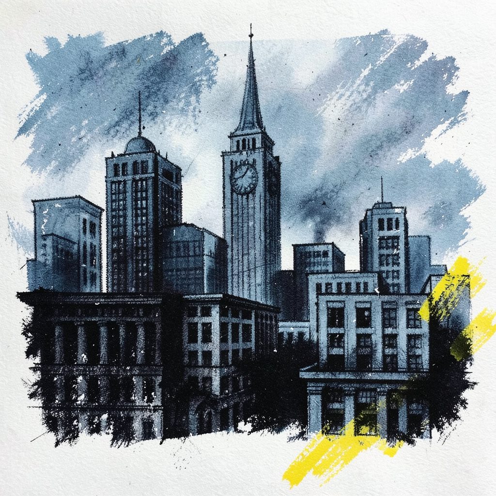 Bold charcoal drawing of a generic downtown skyline in cool blues and greys, moody and editorial