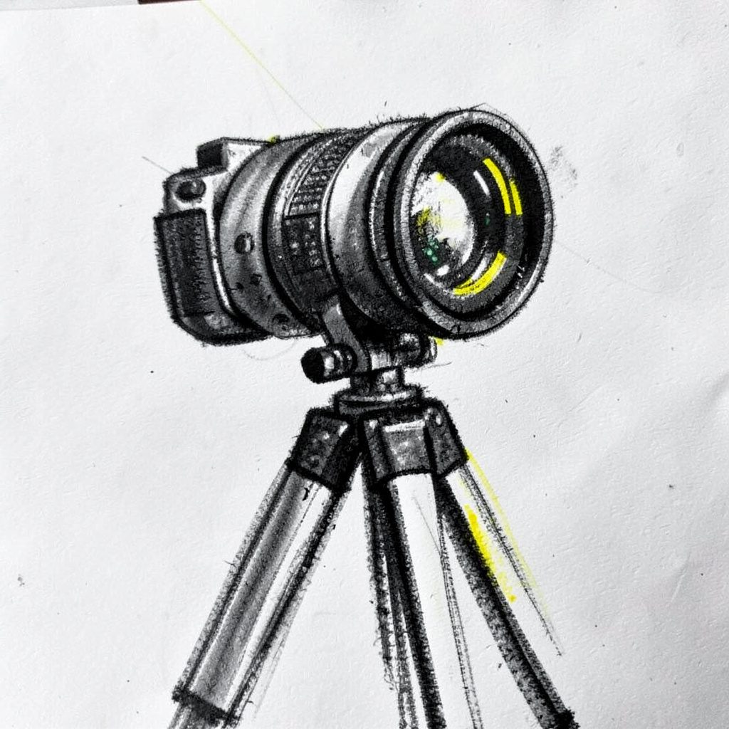 Charcoal sketch of a camera lens on a tripod, high contrast greyscale