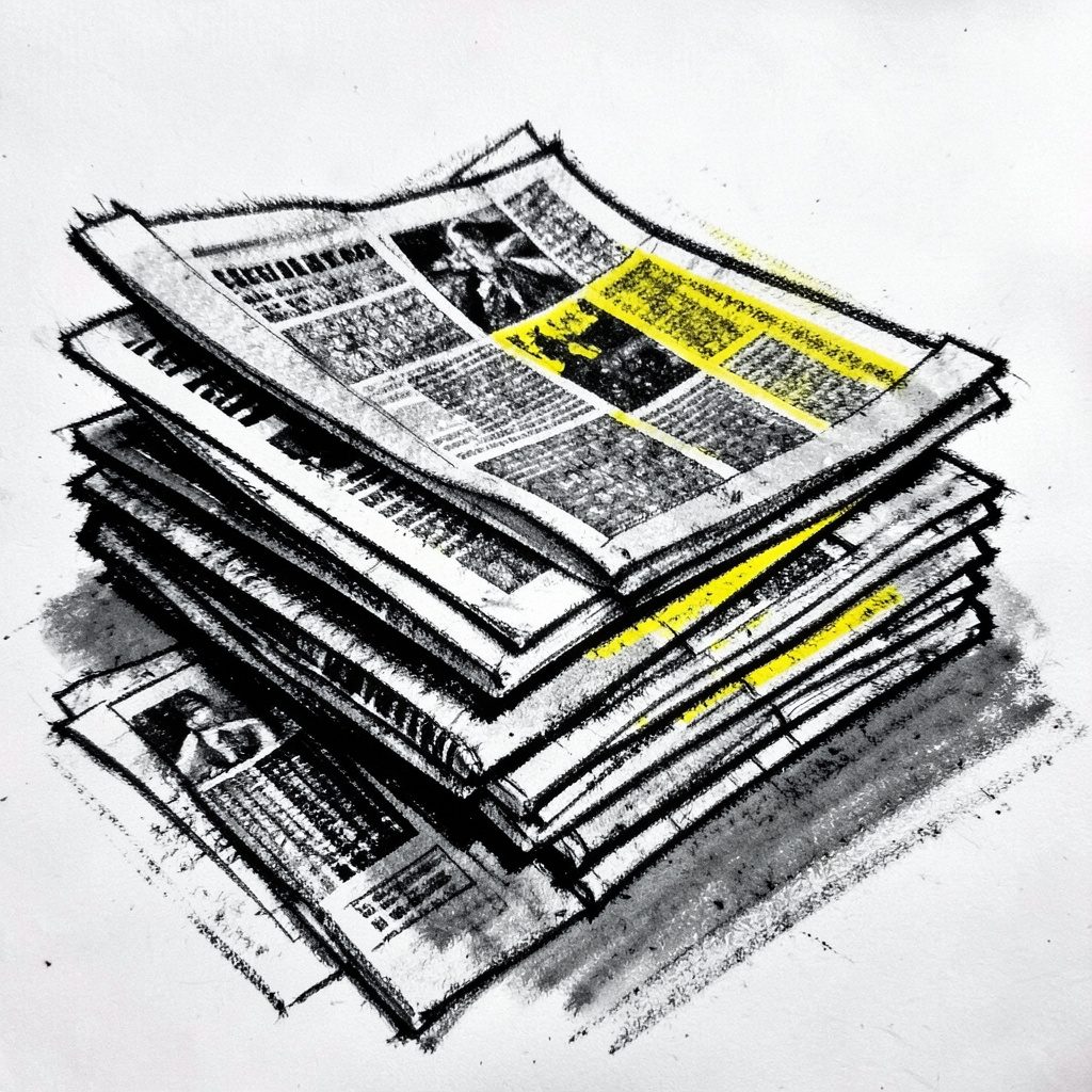 Charcoal drawing of stacked newspapers in monochrome with high contrast