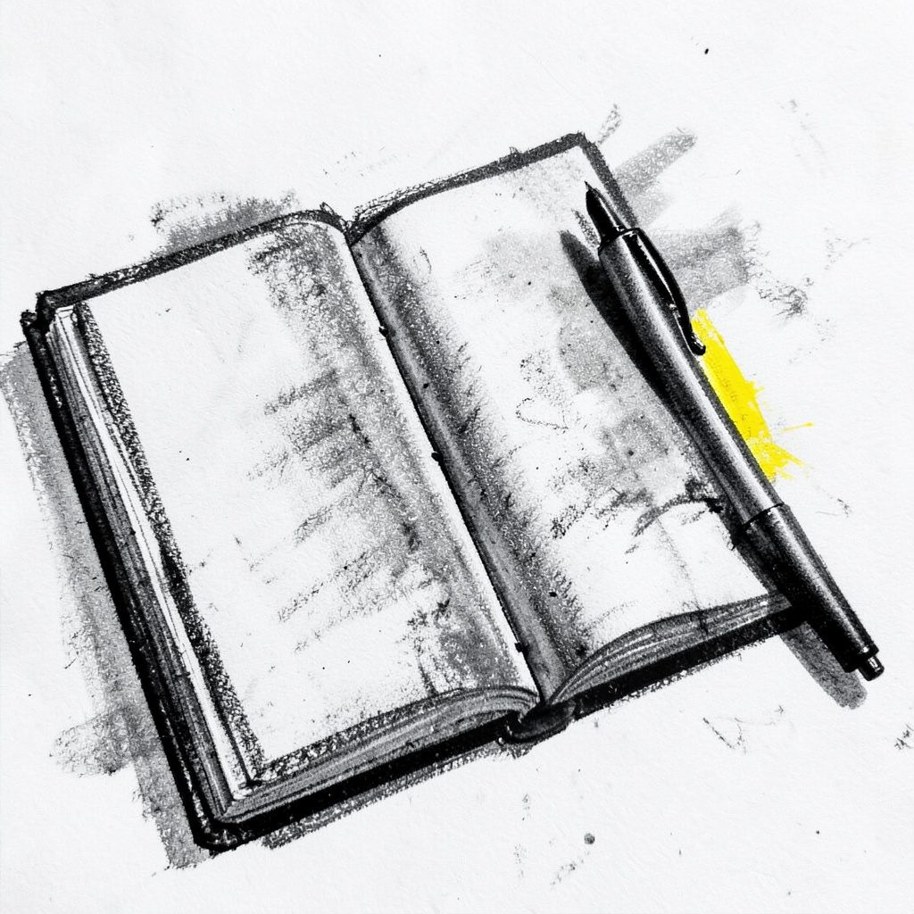 Charcoal sketch of an open notebook and pen, editorial still life in greyscale
