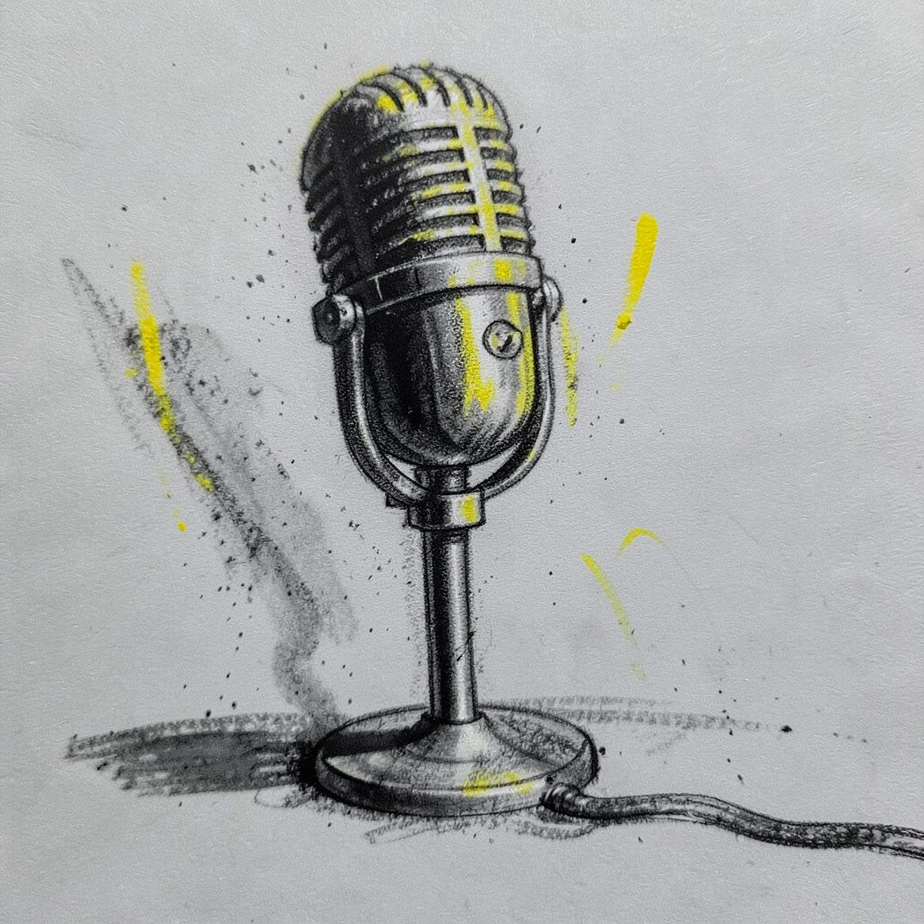 Charcoal sketch of a microphone on a stand, soft shadows, neutral grey background