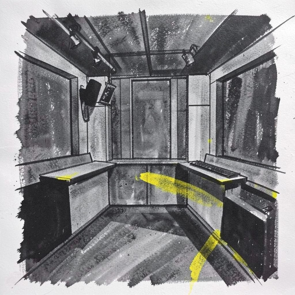 Charcoal rendering of a broadcast studio interior, geometric shapes in deep grey