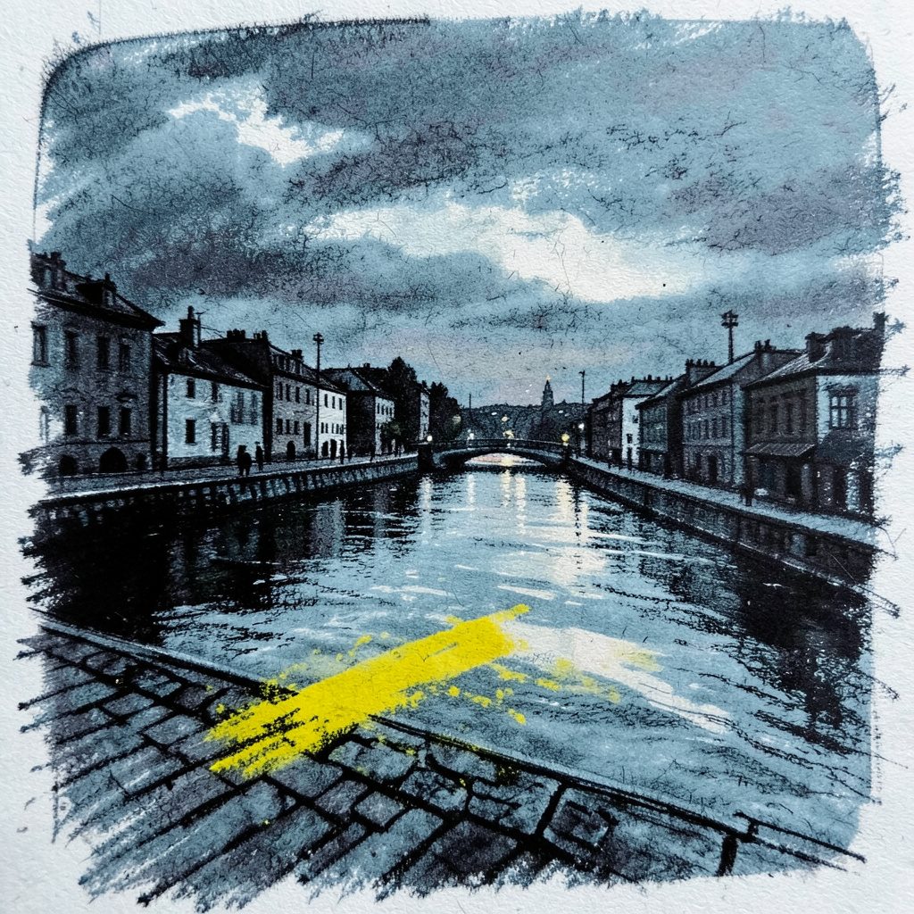Charcoal drawing of a riverside city view at dusk, in cool blue-greys